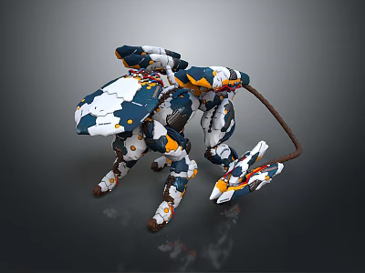 Futuristic Mechanical Creature Character With Blue White Orange Accents And Robotic Tail Structure 3d model