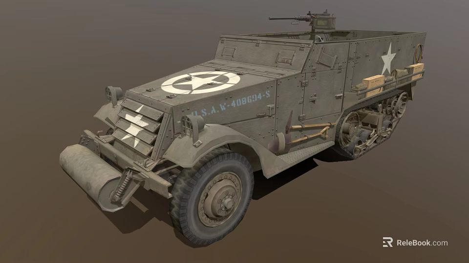 Vintage U.S. Military Vehicle Featuring Star Emblem Machine Gun And Track Wheels 3d model 