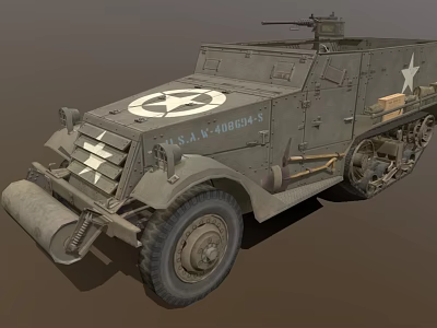 Vintage U.S. Military Vehicle Featuring Star Emblem Machine Gun And Track Wheels 3d model