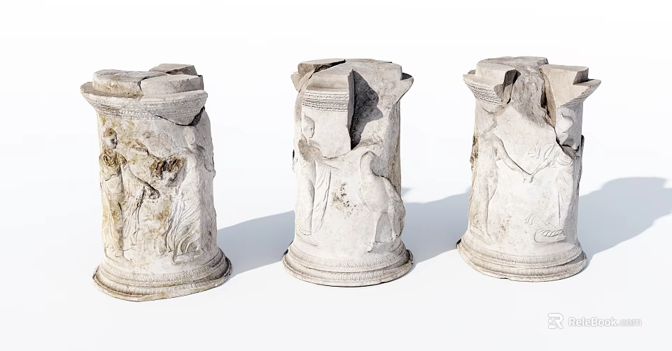 Ancient Broken Columns With Carved Reliefs Of Figures And Animals 3d model 