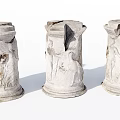 Ancient Broken Columns With Carved Reliefs Of Figures And Animals
