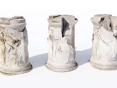 Ancient Broken Columns With Carved Reliefs Of Figures And Animals 3d model