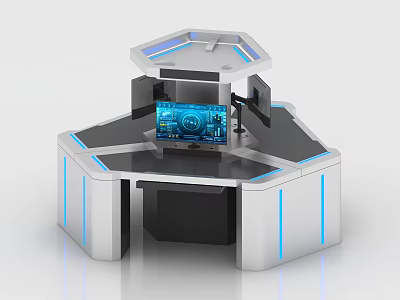 Modern Monitoring Room Control Console With Hexagonal Structure Blue LED Lighting And Monitoring Screen 3d model