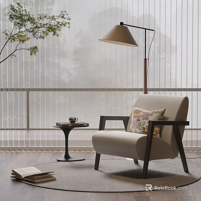 Modern Single Sofa In Cozy Living Room With Floor Lamp Side Table And Coffee Cup 3d model 