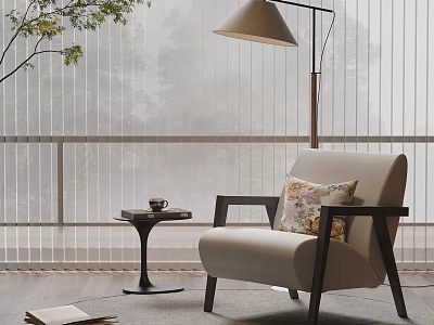 Modern Single Sofa In Cozy Living Room With Floor Lamp Side Table And Coffee Cup 3d model