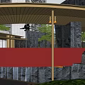 Modern Garden Landscape With Curved Roof Red Railing Waterfall Glass Windows And Green Plants