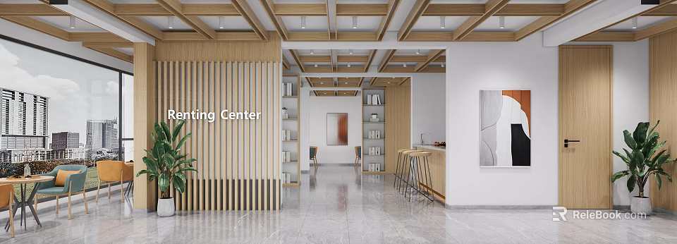 Modern Exhibition Center Interior With Wooden Partition Bookshelves Bar Stools And Plant 3d model 