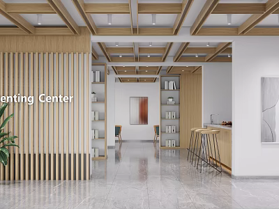 Modern Exhibition Center Interior With Wooden Partition Bookshelves Bar Stools And Plant 3d model