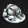 Snow Covered Stone Structure Model With Wooden Door Rail Tracks And Carts
