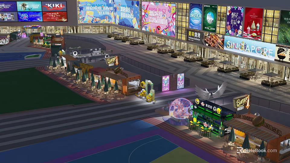 Vibrant Commercial Street Featuring Colorful Billboards Outdoor Seating Evening Lighting and Shopfronts 3d model 