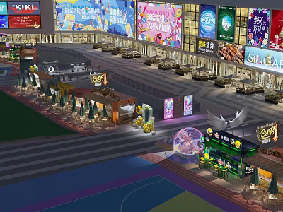 Vibrant Commercial Street Featuring Colorful Billboards Outdoor Seating Evening Lighting and Shopfronts 3d model