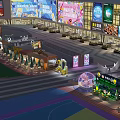 Vibrant Commercial Street Featuring Colorful Billboards Outdoor Seating Evening Lighting and Shopfronts