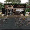 Commercial Coffee Shop Equipment Featuring Bar Counter Outdoor Tables And Green Plants