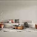Modern Light Colored Sofa And Coffee Table Set With Throw Pillows And Patterned Area Rug 3d model