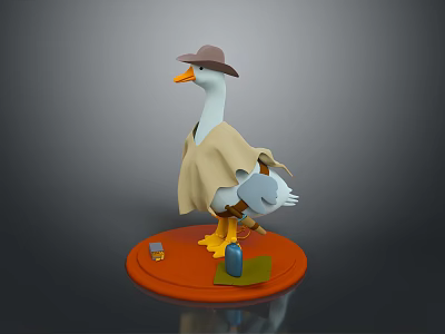 Adorable Duck Character Wearing Brown Hat And Beige Cloak On Orange Base With Small Items 3d model