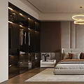 Modern Bedroom Double Bed With Gray Upholstered Bedhead Wall Wooden Slats And Circular Pendant Lights