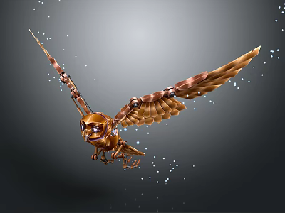 Mechanical Owl Flying With Metallic Wings And Sparkling Particles In Dark 3d model