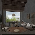 Hotel Public Lounge With Wooden Ceiling Large Windows Cozy Sofa And Decorative Paintings