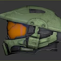 Futuristic Green Tactical Helmet With Orange Visor And Weathered Armored Surface
