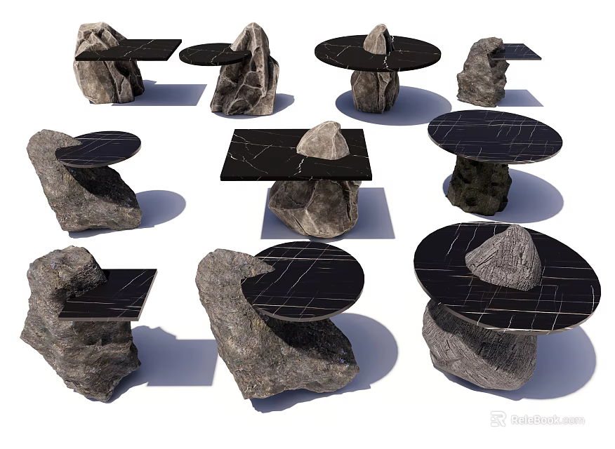 Natural Stone Table And Chair Set Featuring Black Tabletop And Unique Designs 3d model