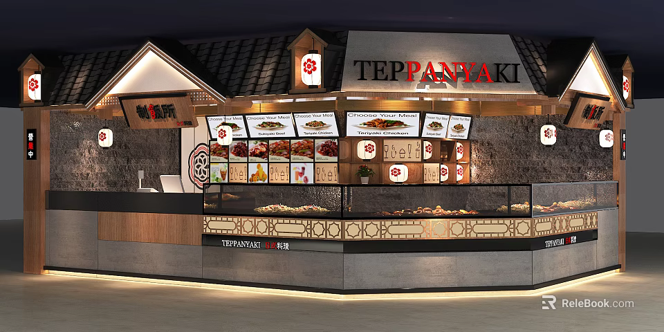 Teppanyaki Shopping Mall Restaurant Featuring Displayed Dishes And Traditional Counter Design 3d model 