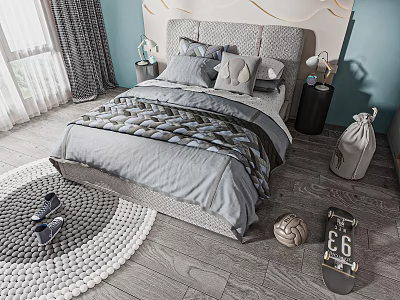 Modern Kids Bed With Upholstered Headboard Geometric Quilt Side Table Lamp And Toy Skateboard 3d model