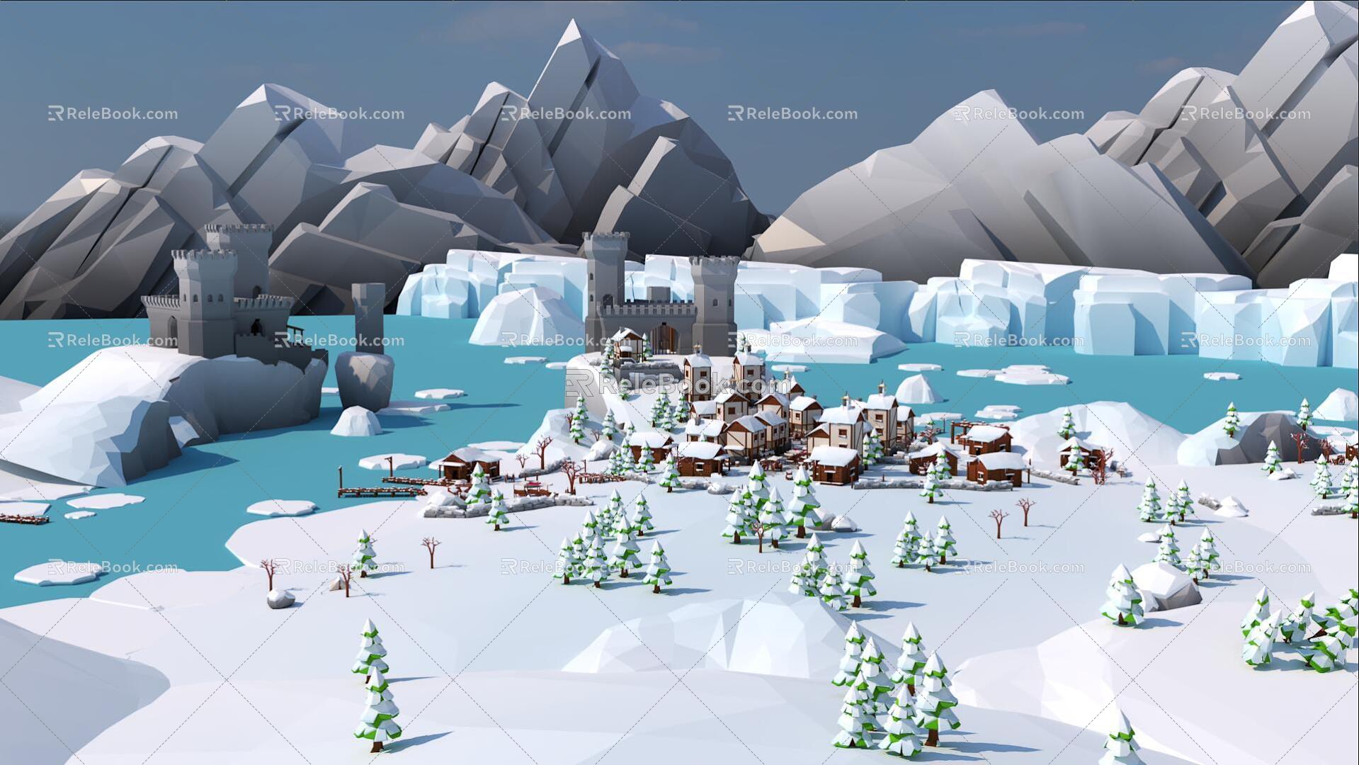 Cartoon snow cartoon village winter cartoon scene cartoon castle Q version snow scene 3d model