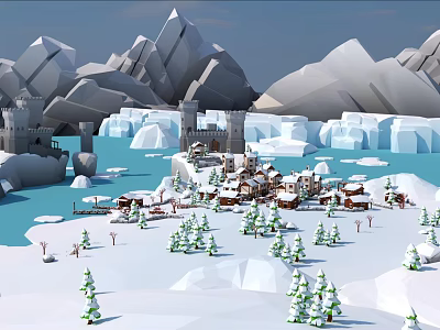 Scenic Snowy Mountain Landscape With Ice Peaks Castle Village And Pine Trees 3d model