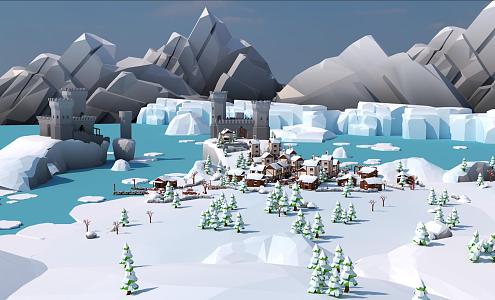 Cartoon snow cartoon village winter cartoon scene cartoon castle Q version snow scene 3d model