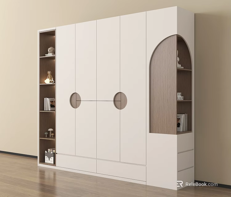 Modern White Wardrobe With Round Door Accents And Wooden Open Shelves 3d model 