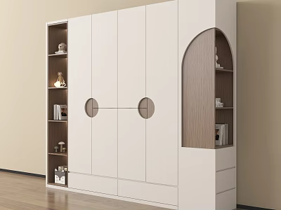 Modern White Wardrobe With Round Door Accents And Wooden Open Shelves 3d model