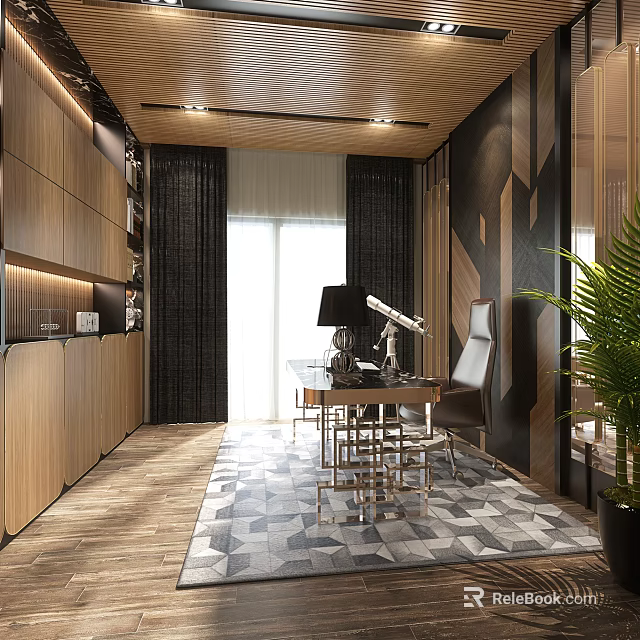 Modern Study Room Interior With Wooden Cabinets Dark Curtains Large Window And Geometric Rug 3d model 