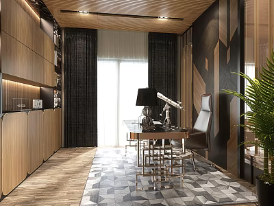 Modern Study Room Interior With Wooden Cabinets Dark Curtains Large Window And Geometric Rug 3d model