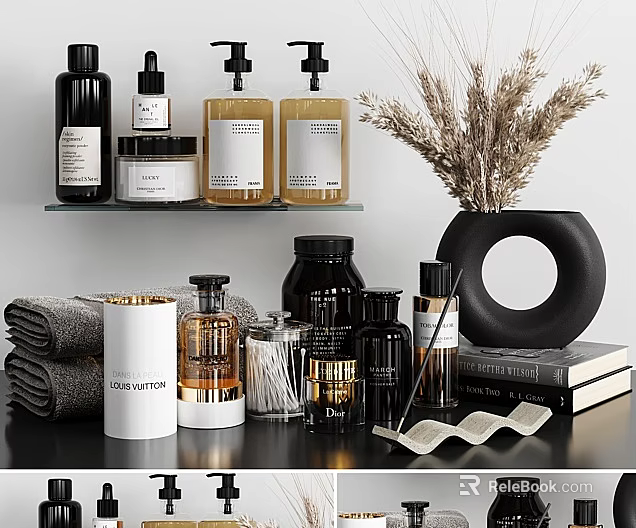 Stylish Bathroom Accessories With Bottles Towels And Decor 3d model 