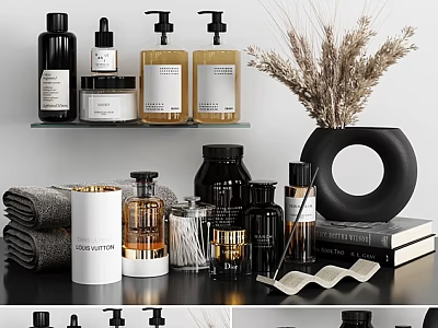 Stylish Bathroom Accessories With Bottles Towels And Decor 3d model