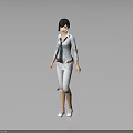 Woman Wearing Light Blue Shirt Gray Pants Tie And White Sneakers On Reflective Gray Background