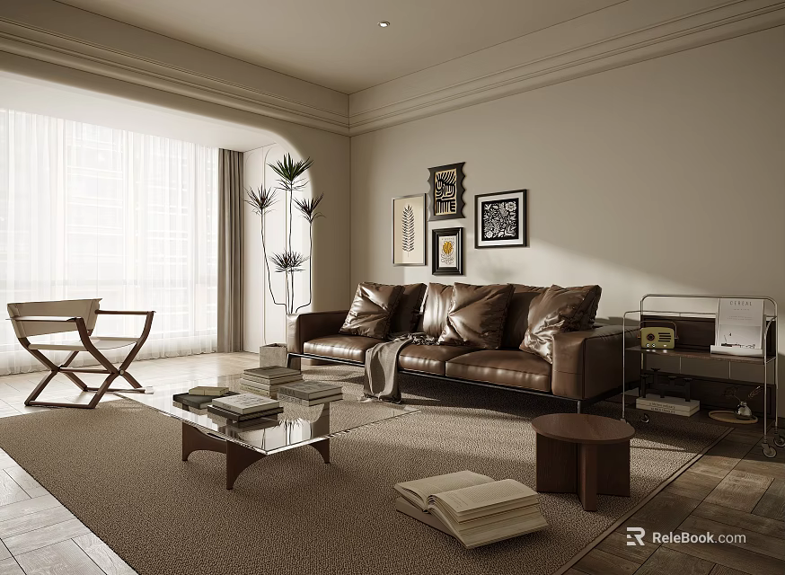 Modern Living Room Interior With Leather Sofa Coffee Table Plants And Decorative Paintings 3d model 