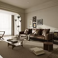 Modern Living Room Interior With Leather Sofa Coffee Table Plants And Decorative Paintings