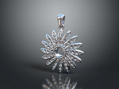 Elegant Silver Flower Shaped Fashion Pendant With Diamond Encrusted Petals And Central Circle 3d model