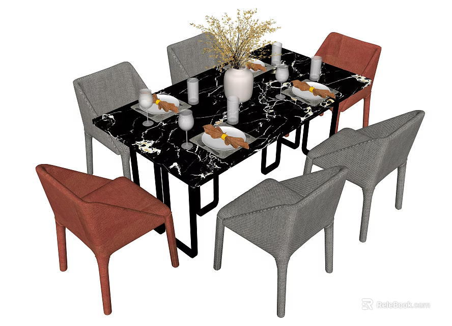 Modern Dining Table Set With Black Marble Tabletop Gray And Red Chairs Vase And Tableware 3d model