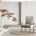 Gray Linen Accent Chair With Wooden Frame And White Sculptural Tree Decoration In Minimalist Interior