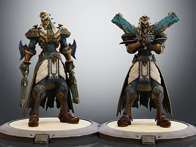 Two Fantasy Characters In Ornate Blue And Gold Armor Holding Weapons On Circular Bases 3d model