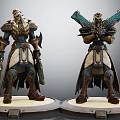 Two Fantasy Characters In Ornate Blue And Gold Armor Holding Weapons On Circular Bases