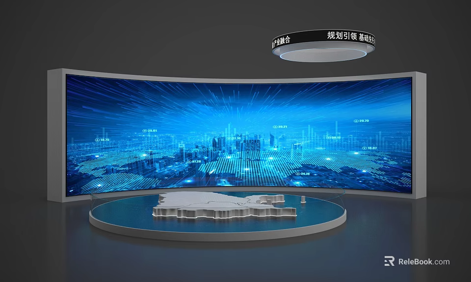 Exhibition Island Model With Curved Large Screen Showing Tech City Data And Circular Lightbox 3d model 