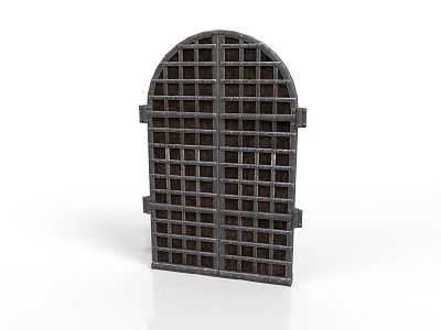 Black Metal Grille Gate Featuring Arched Top And Grid Pattern Structure 3d model