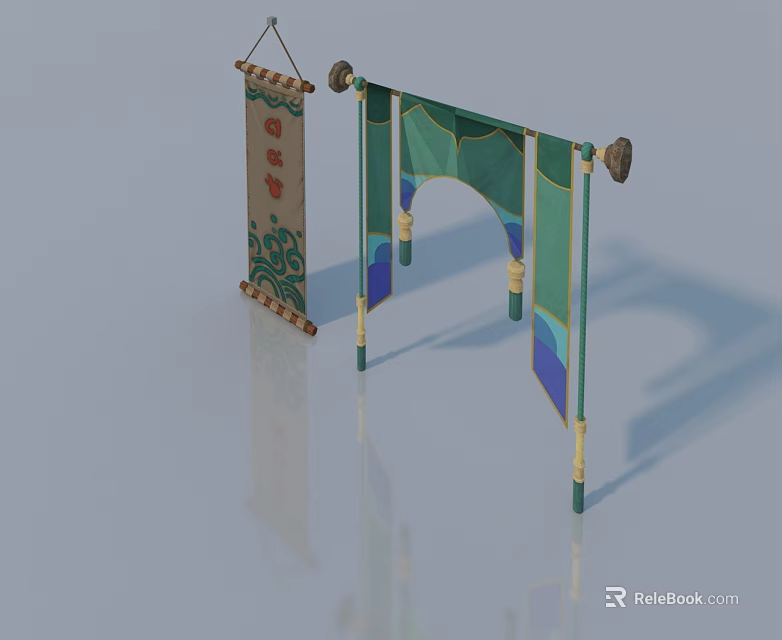 Stylish Sofa And Coffee Table Set With Green Blue Fabric And Patterned Scroll Decor 3d model