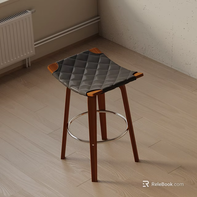 Dark Quilted Diamond Pattern Bar Stool With Wooden Legs Armrests And Silver Metal Footrest Ring 3d model 