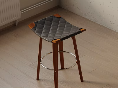 Dark Quilted Diamond Pattern Bar Stool With Wooden Legs Armrests And Silver Metal Footrest Ring 3d model