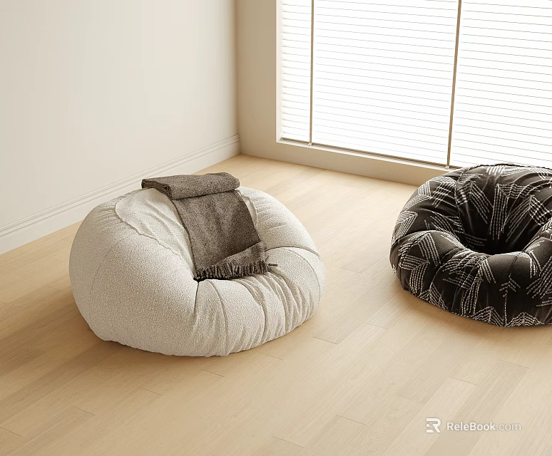 Light Colored and Dark Leaf Patterned Bean Bag Chairs with Blanket on Wooden Floor 3d model 