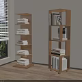 Wooden Rotating And Open Bookshelves With Books And Decor Near Window In Living Room